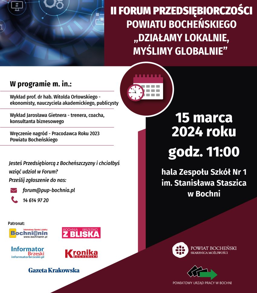 Plakat informacyjno-promocyjny II Forum Przedsiębiorców Powiatu Bocheńskiego