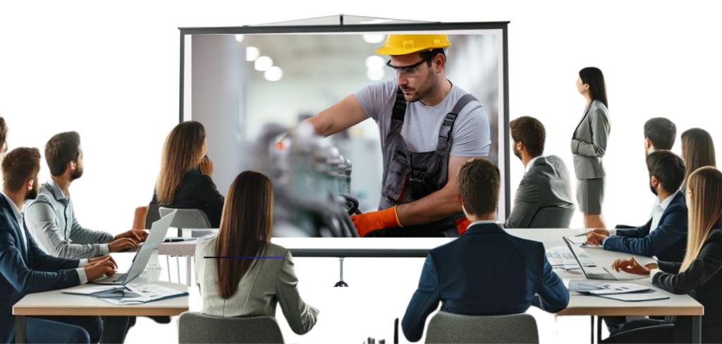 trwa szkolenie, uczestnicy patzą na ekran z prezentacją, na ekranie robotnik przy linii produkcyjnej