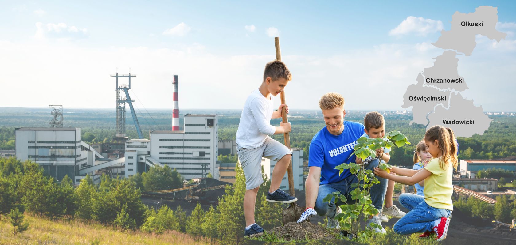 Mężczyzna z grupą dzieci sadzący drzewo, w tle krajobraz przemysłowy