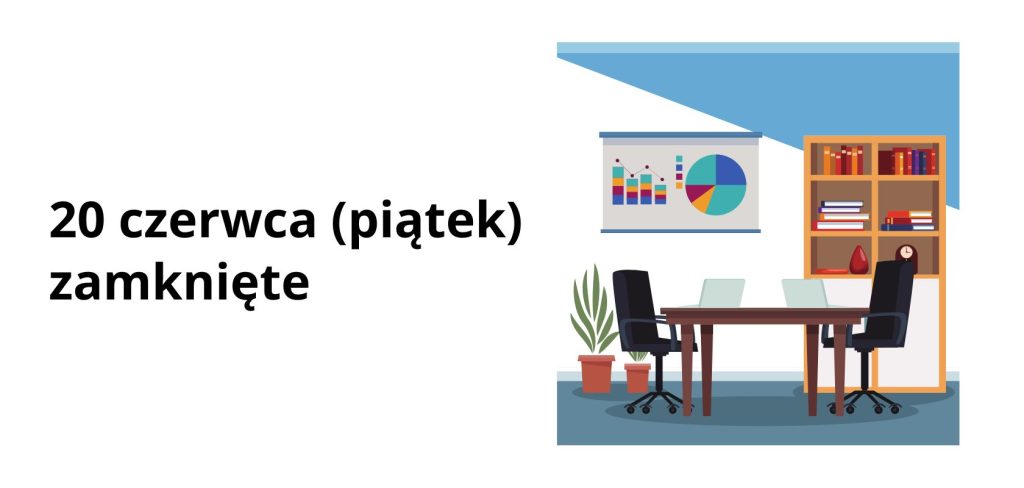puste biurka w biurze i informacja o zamknięciu biura 20 czerwca