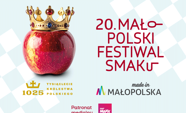 Jablko a na nim korona i zboku napis 20. Małopolski Festiwal Smaku. Ponizej kilka logotypów