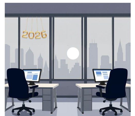 2 krzesła, laptop w biurowcu