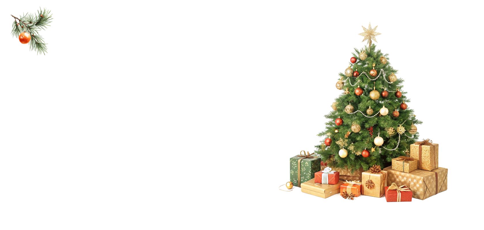 Świąteczna choinka przyozdobiona bombkami, prezenty pod drzewkiem