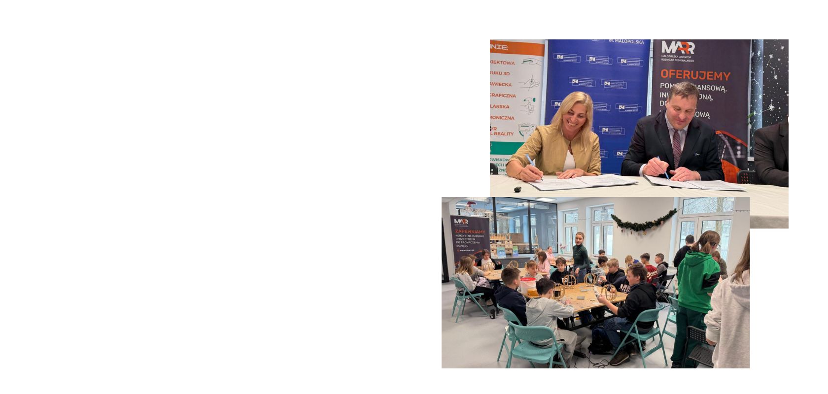 2 zdjecia. Na 1 dyrektor Małopolskiego Centrum Przedsiebiorczości siedzi przy stoliku z Pania z FablaB i podpisuja umowe a na 2 zdjęciu dzieci w szkole wraz z Pania robia kreatywne prace pracuja