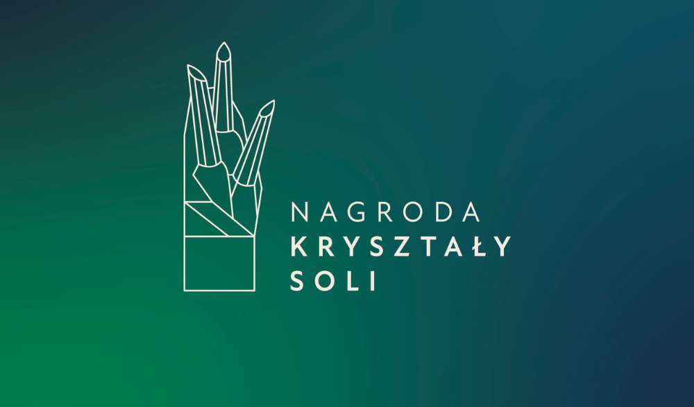 Narysowany kryształ na zielonym tle i napis: Nagroda Kryształy Soli