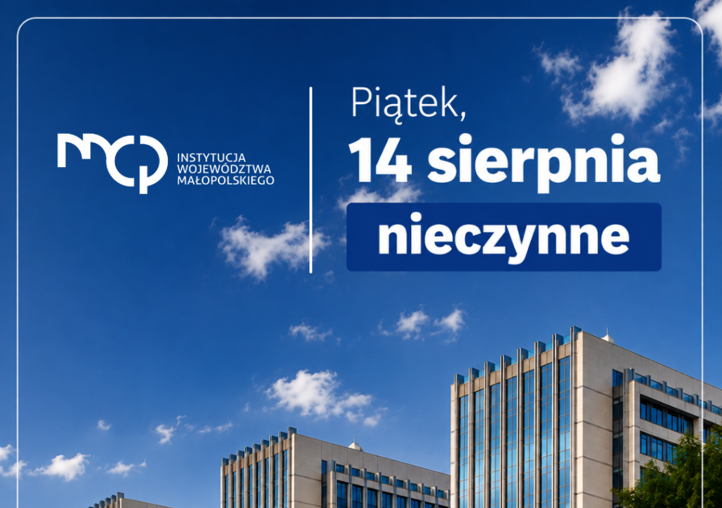 3 biurowce i napis: Piątek, 14 sierpnia nieczynne