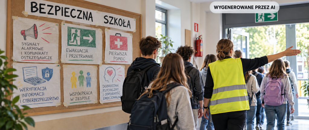 Uczniowie na korytarzu szkolnym a w tle tablica z napisem Bezpieczna szkoła